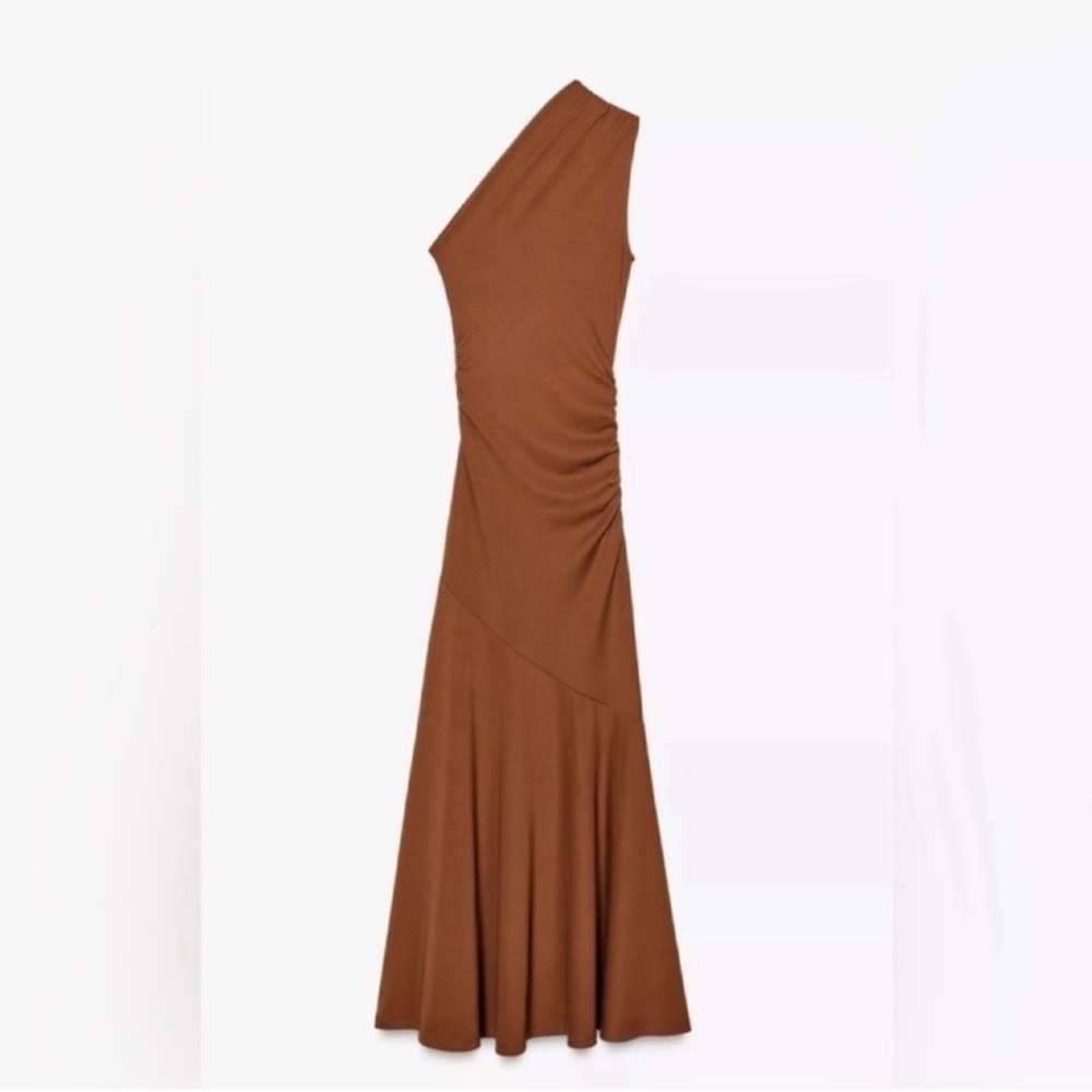 One-Shoulder Brown Maxi Dress with Side Ruching - Picture 9 of 13